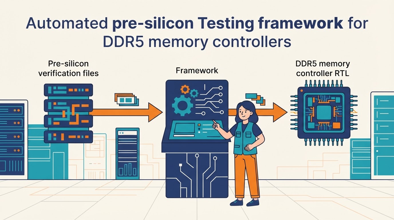 Cartoon illustration for "Engineers automated pre-silicon testing for DDR5 memory controllers"
