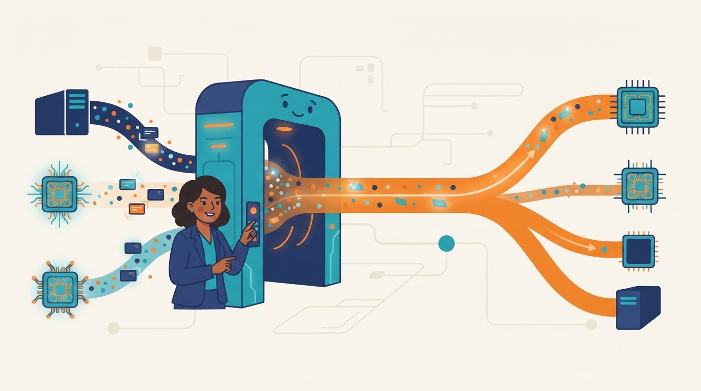 Cartoon illustration for "Researchers built a gateway to route hybrid quantum workloads"