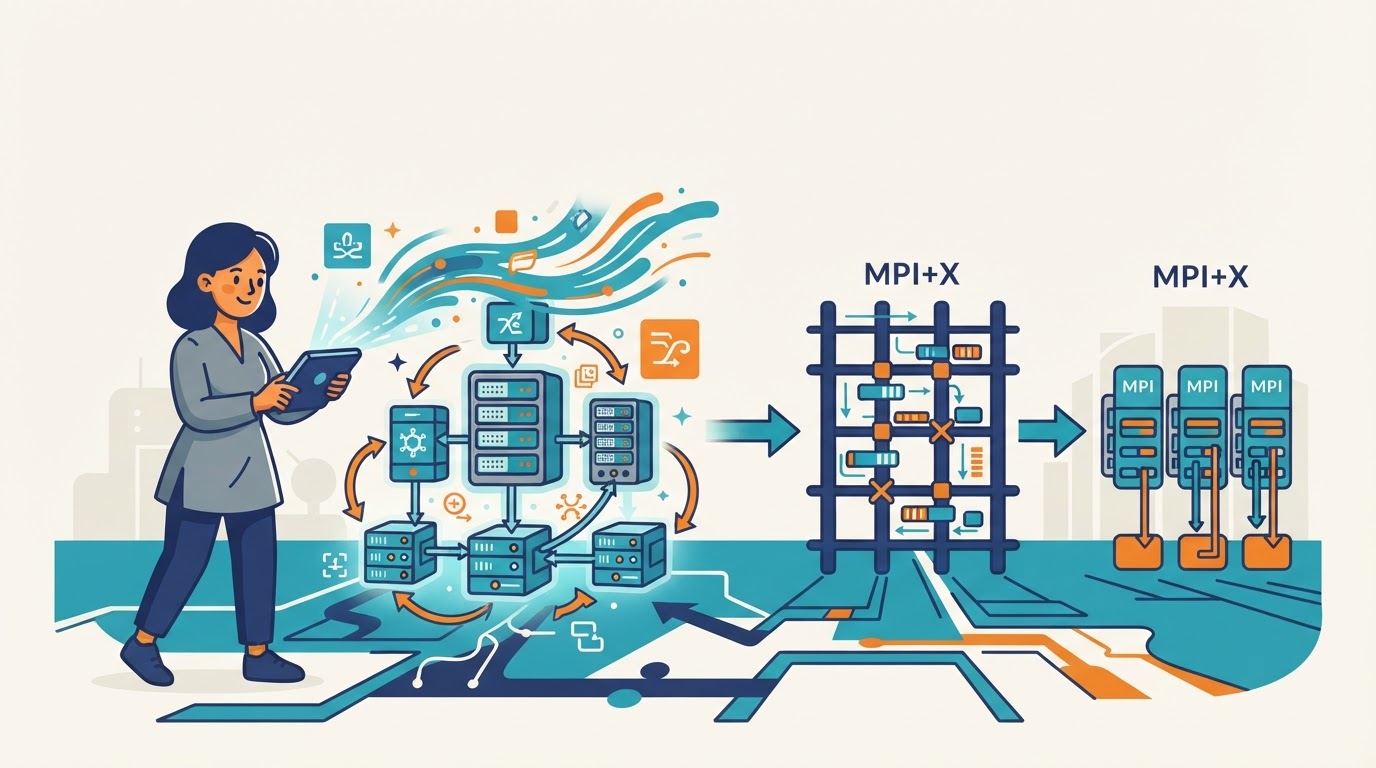 Cartoon illustration for "Researchers surveyed distributed asynchronous many-task models for HPC"