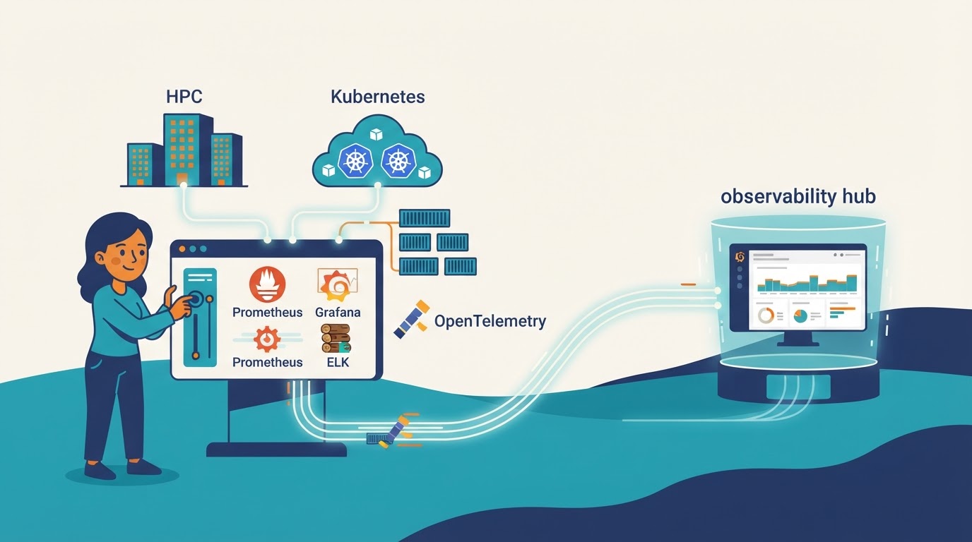 Cartoon illustration for "Researcher combined Prometheus, Grafana, and ELK to monitor hybrid HPC setups"