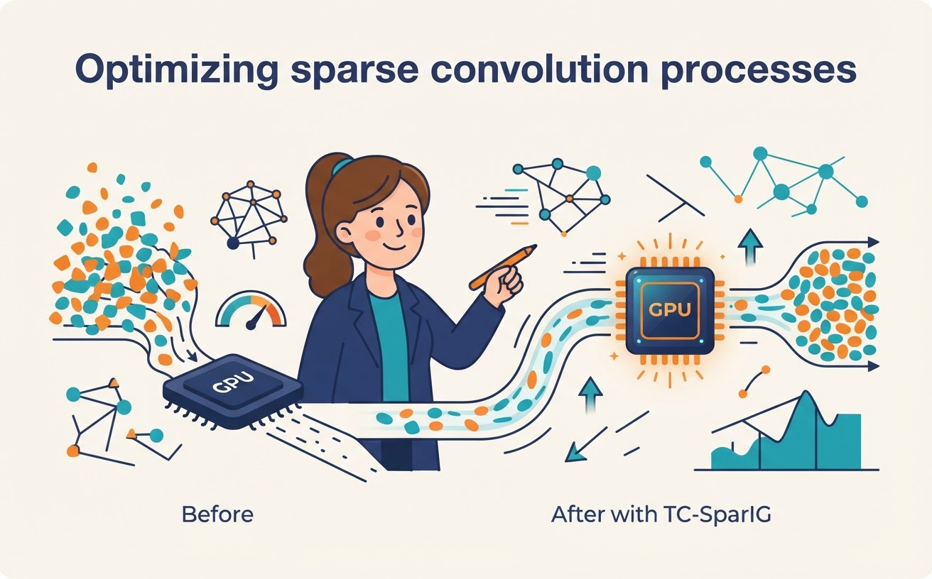 Cartoon illustration for "Researchers built TC-SparIG to speed up sparse convolution on GPUs"