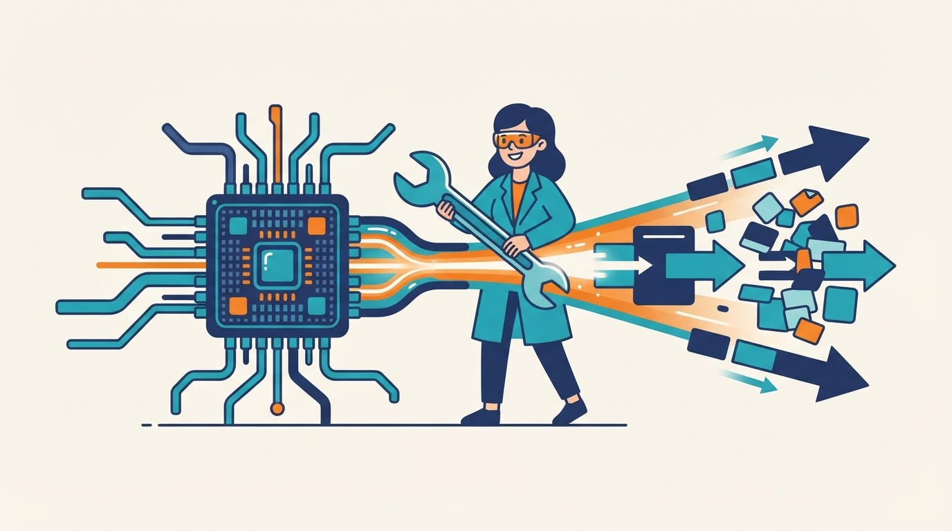 Cartoon illustration for "Researchers built Meld to fuse GPU kernels across SMs"