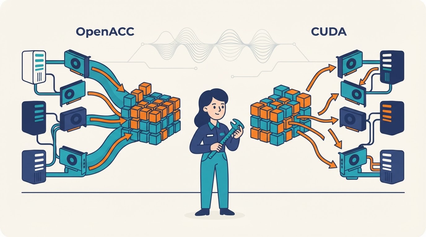 Cartoon illustration for "Researchers benchmarked OpenACC multi-GPU transfers against CUDA"